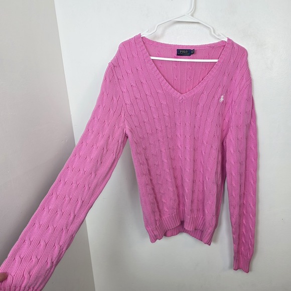 Polo Ralph Lauren Pink Cable Knit V-Neck Preppy Old Money Sweater Size XL - Picture 2 of 8